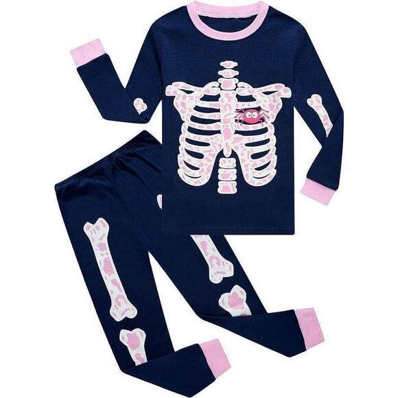 Family Feeling Little Girls 2 Piece Pajamas Set Skeleton/Glow-in-the-dark Size2T - Picture 1 of 6